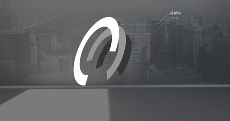 Floating white and gray 3D ring above minimalist tabletop in display space, labeling alpha beta tau