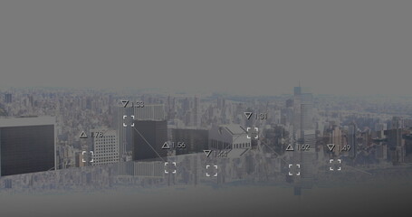 Overlaying central skyscraper cluster presenting data overlay on waterfront reflection, with icons