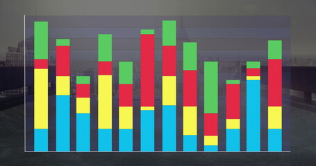 Showing stacked bar chart with grid lines and axes hovering on rooftop terrace, with city skyline