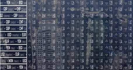 Displaying digital currency exchange rate board updating rates on trading floor, with arrow icons