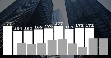Displaying reflective glass towers ascending in business district, with frosted bar chart overlay © vectorfusionart
