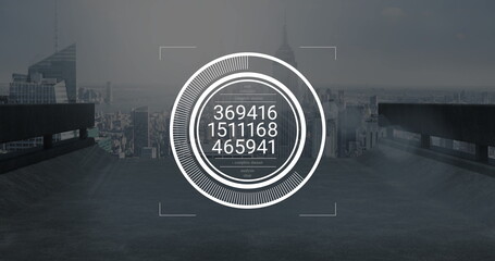 Displaying white circular HUD interface overlaying data rings on rooftop with skyline analysis