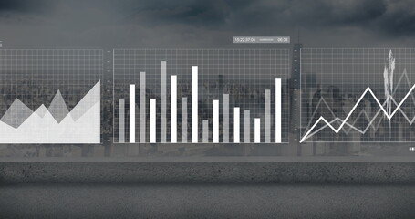 Floating three translucent data panels hovering above concrete rooftop edge, timestamp overlay