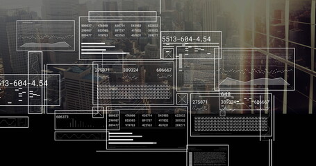 Displaying translucent data panels overlaying high-rise office view with numeric tables and charts