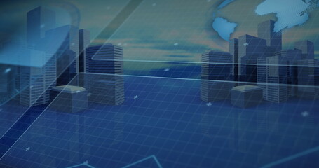 Displaying future city rising from grid plane in interface, with skyscrapers and light streaks