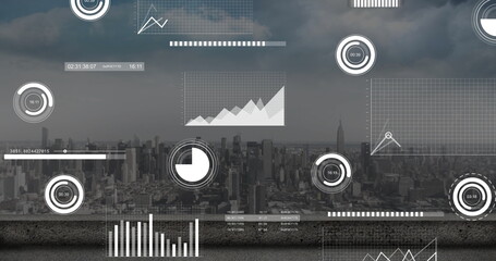 Displaying data interface showing charts, graphs and progress indicators over rooftop skyline