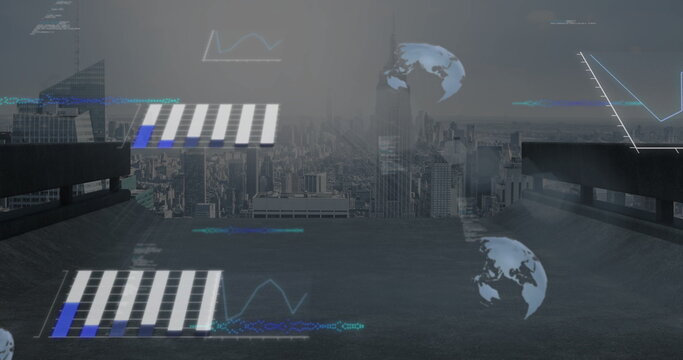 Animating holographic bar and line graphs on rooftop with railings, with rotating globe icons - Powered by Adobe