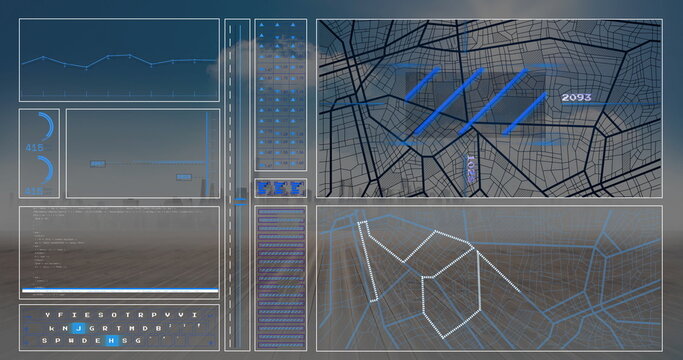 Displaying holographic interface showing line charts, route paths, readout 2093 at control room