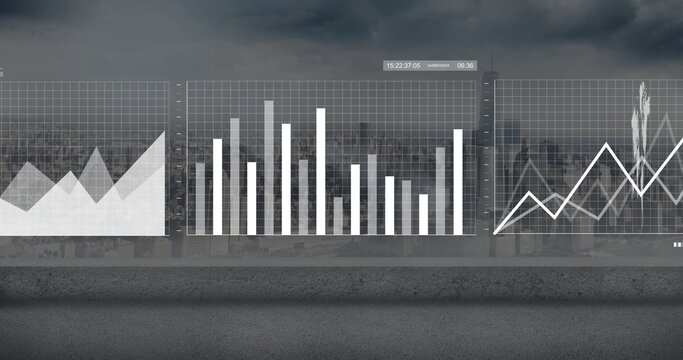 Floating three translucent data panels hovering above concrete rooftop edge, timestamp overlay - Powered by Adobe