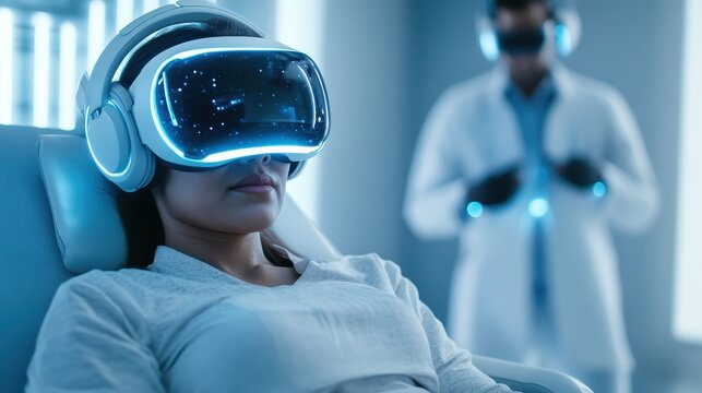 A relaxed user immersed in a virtual reality experience, highlighting the integration of technology and health, with a medical professional monitoring the surroundings in the background. - Powered by Adobe