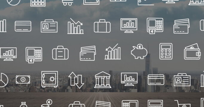 White line finance icons hovering on rooftop terrace, with credit card piggy bank safe icon