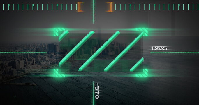 Displaying central HUD scanning interface at waterfront wooden deck, with neon crosshair scan bars