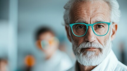 An elderly man with a wise expression wearing stylish turquoise glasses, radiating confidence and intelligence in a softly blurred modern setting.