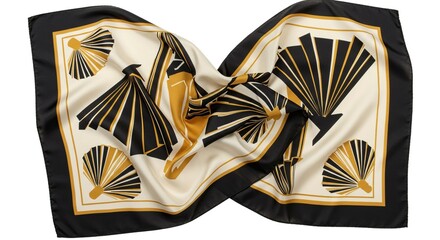 Elegant Silk Scarf Featuring Abstract Design of Female Figures and Fans on White Background Backdrop
