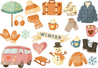 Cute hand drawn winter items icon illustration set of winter fashion items and leisure