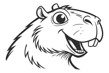 Outlined beaver character smiles broadly, showing its teeth in black and white line art