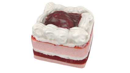 A colorful dessert featuring layers of cream, fruit filling, and a glossy top, perfect for celebrations or sweet treats.