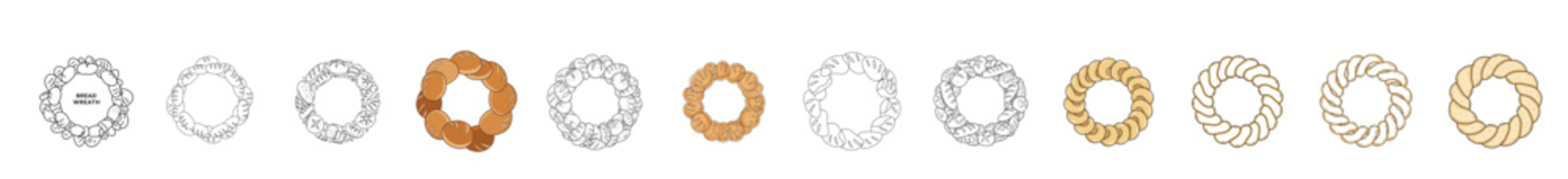 Set of images Wreath of bread and dough in various colors for packaging design  