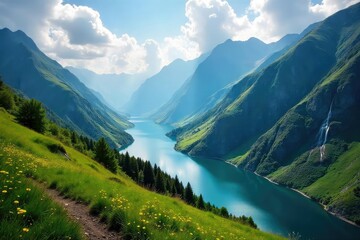 Sun-drenched mountain vista, lush green valley, cascading waterfall, pristine lake reflecting the sky A breathtaking panorama of untouched nature , picturesque, idyllic, peaceful