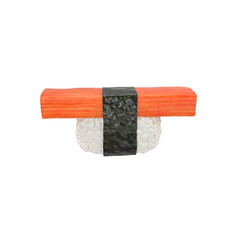 A stylized sushi roll featuring a vibrant orange topping, wrapped in black seaweed, resting on a white base.