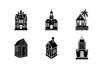 Naklejka premium Variety of Building Icons Including House School Cabin and Cruise Ship