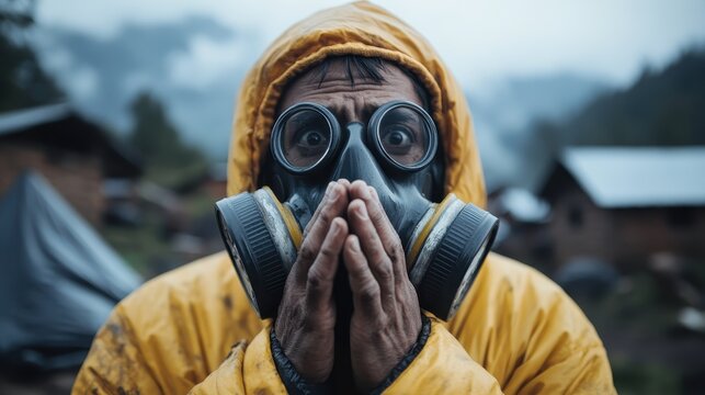This intense image portrays a man wearing a gas mask, covering his face in shock, reflecting themes of fear, anxiety, and the impact of environmental crises on human emotions.
