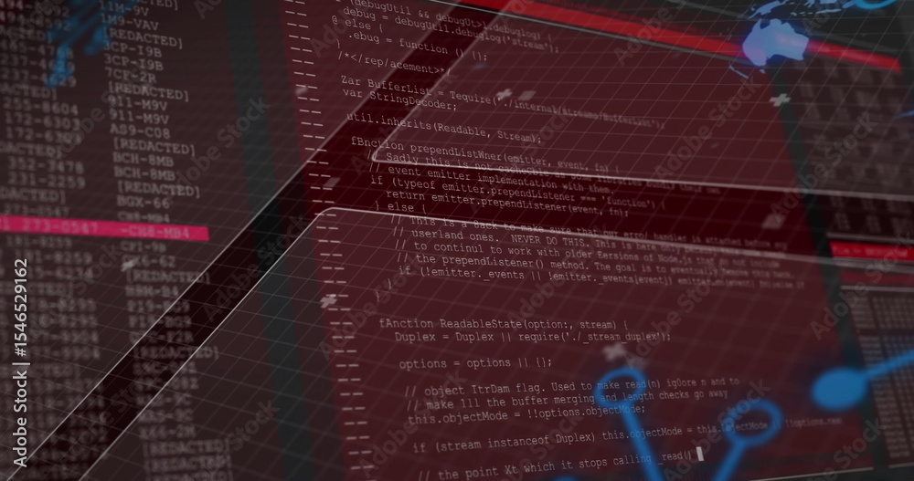 Fototapete translucent red code panel executing javascript on dashboard, with 3d grid logs and world map nodes