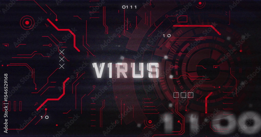 Poster displaying digital interface showing virus at security screen, with red lines and glitch scanlines