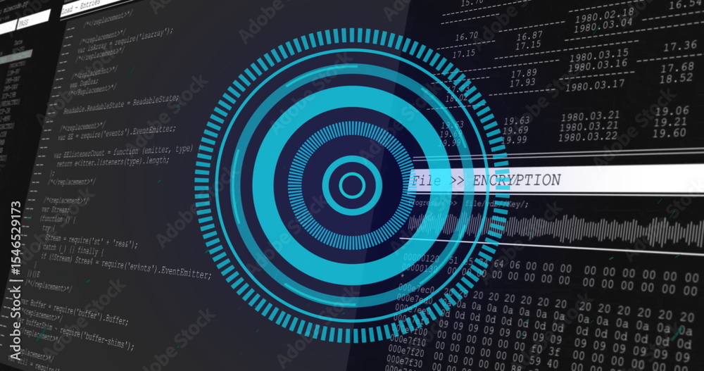 Poster displaying security interface at workstation, with encryption graphic, code and data panels