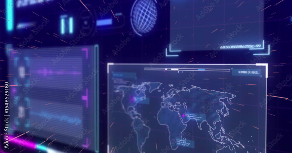 Poster floating world map panel displaying wireframe globe and scanning database text on hud