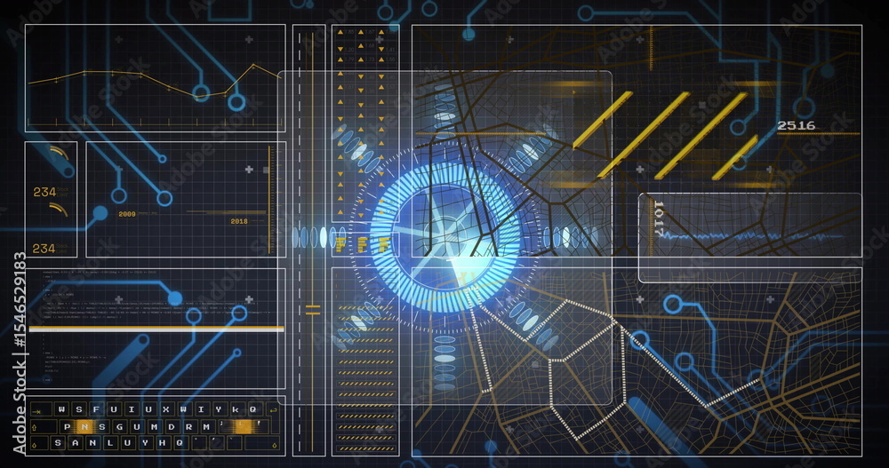 Poster displaying virtual console interface, with central holographic circle, grid panels and numeric data