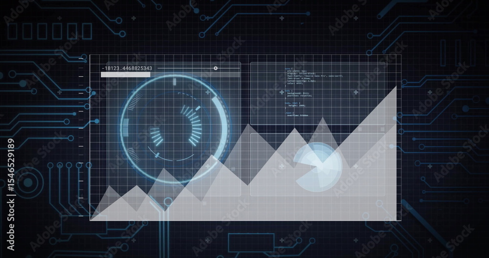 Poster displaying translucent panel on digital dashboard, with line graph, gauge, pie chart and code text