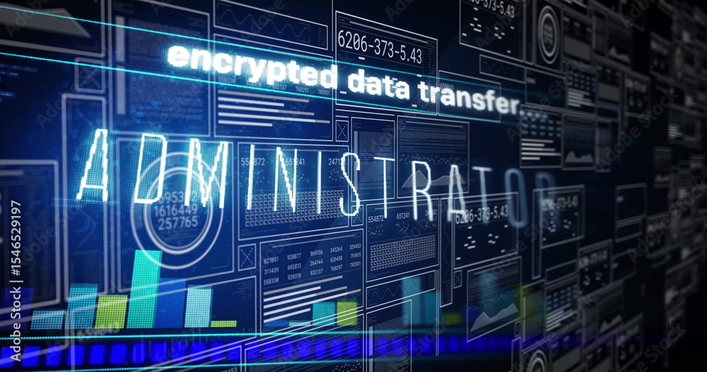 Poster displaying translucent administrator text on control panel, showing bar charts and neon status bar