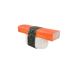A piece of sushi featuring crab stick on top of rice, wrapped with seaweed.