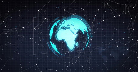 Floating turquoise digital globe showing continents in tech grid network with nodes and lines