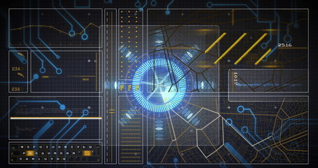 Displaying virtual console interface, with central holographic circle, grid panels and numeric data