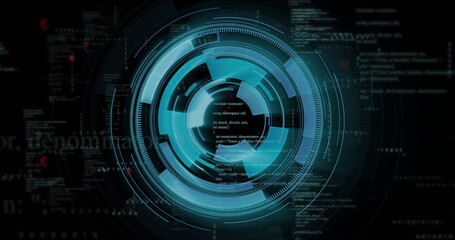 Fototapeta premium Rotating blue circular HUD interface in virtual space, with orbiting indicators and code fragments
