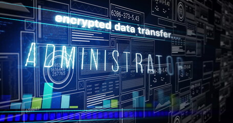 Displaying translucent ADMINISTRATOR text on control panel, showing bar charts and neon status bar