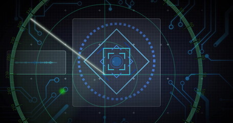 Displaying central target reticle rotating on digital console screen, with green sweep beam overlay