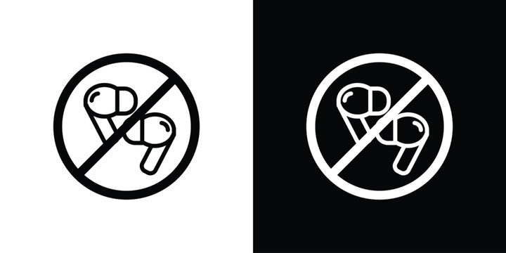 No earbuds allowed signs in black. flat graphic vector icon
