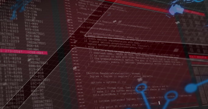 Translucent red code panel executing JavaScript on dashboard, with 3D grid logs and world map nodes