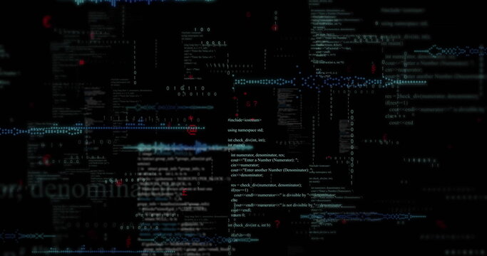 Computer screen displaying layered code snippets with binary sequences and ASCII waves