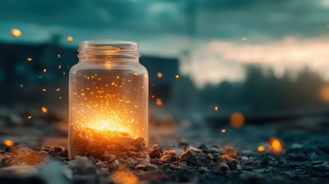 A glass jar containing glowing sparks creates a surreal atmosphere, symbolizing hope, creativity, and the beauty of life's fleeting moments and wonders.