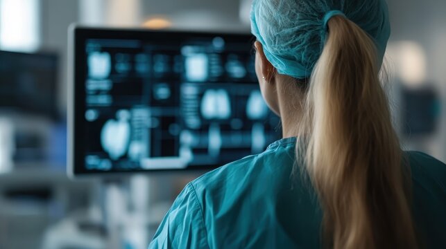 A dedicated healthcare professional studies critical patient data on a monitor, emphasizing the importance of technology in modern medicine and patient care.