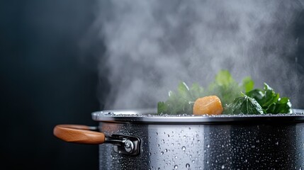A pot filled with fresh vegetables simmers on a stove, surrounded by steam, evoking a sense of warmth and the essence of home cooking and culinary exploration.