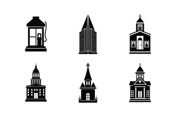 Collection of building icons including gas station skyscraper and churches