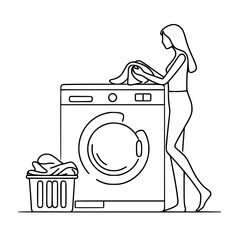 Woman doing laundry and loading clothes into washing machine - Concept of single line outline vector  