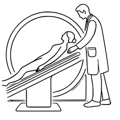 Medical professional assisting patient on MRI machine in hospital  