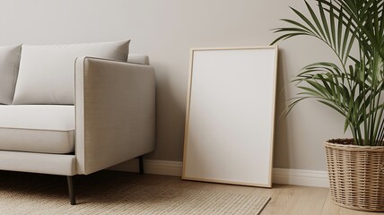 Modern living room interior with blank picture frame, sofa, and potted plant