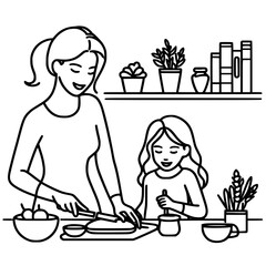 Woman and girl cooking together in kitchen with plants and books  